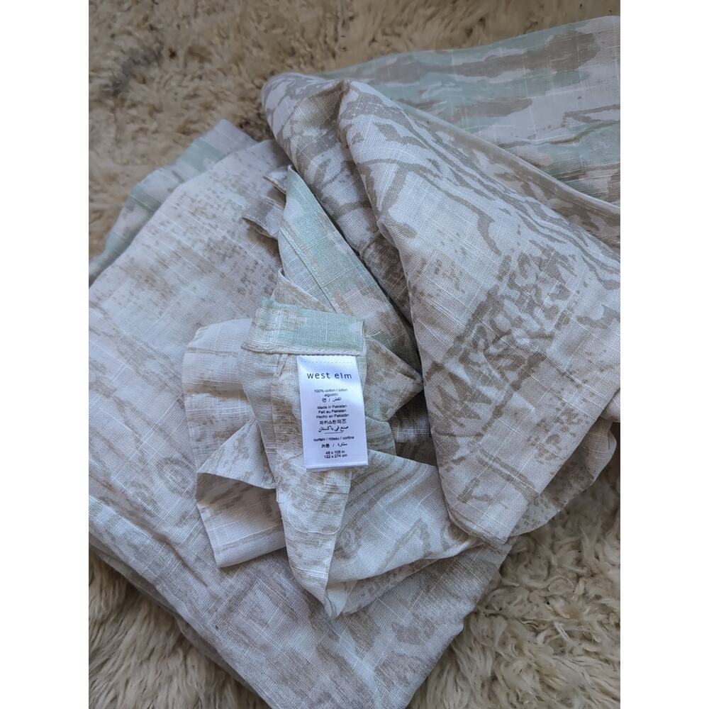West Elm Ikat Curtain Panels 48 x 108 Set of 2 Green Tan Cream Cotton Sheer Tab